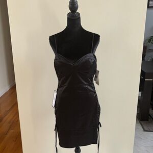 Black Midi Slip Dress with Lace-Up Sides